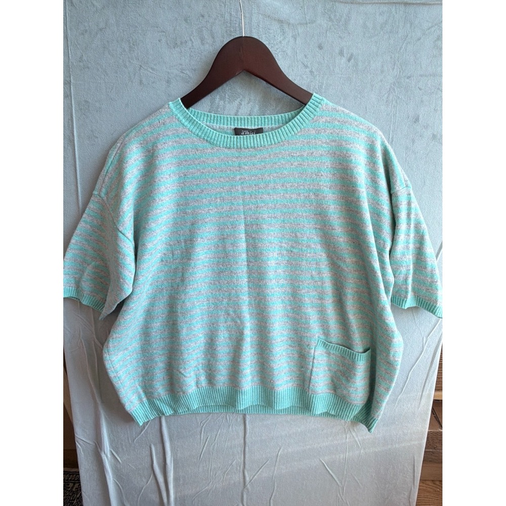 Pure Amici Striped 100% Cashmere Sweater Women XL Mint Green Grey Quiet Luxury